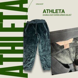 Athleta Double Cozy Karma Green Velvet Joggers Drawstring Waistband Ribbed Cuffs